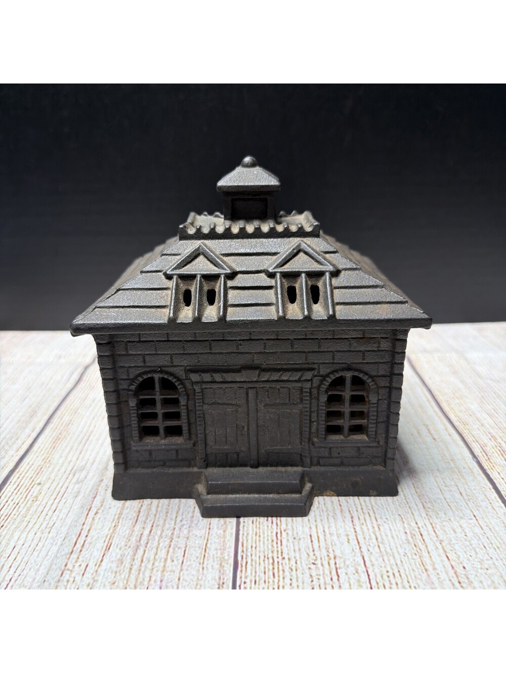 Vintage Cast Iron Still Bank Double Entry Doors Schoolhouse Building with Cupola